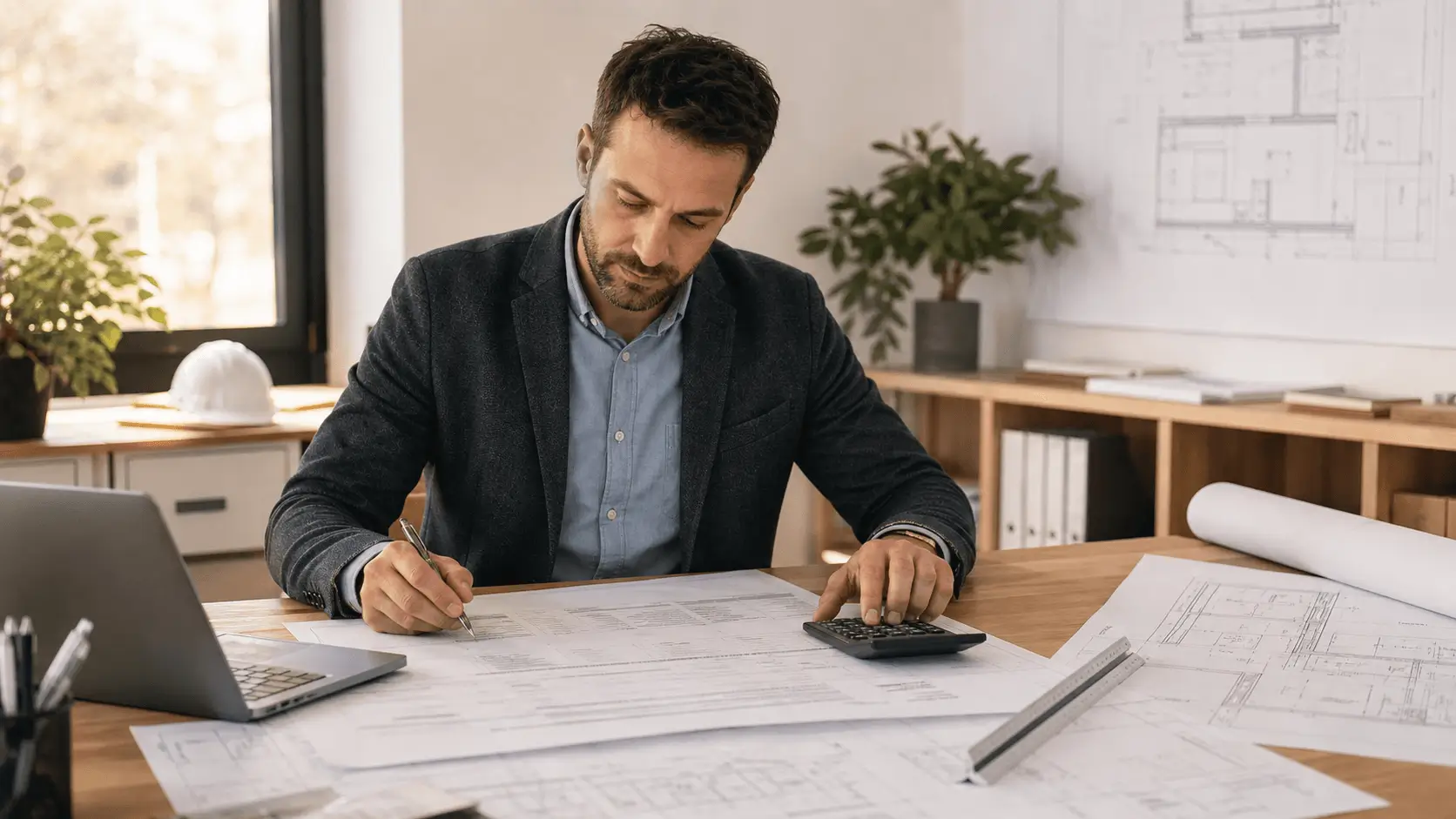 Économiste de la construction préparant un chiffrage de projet