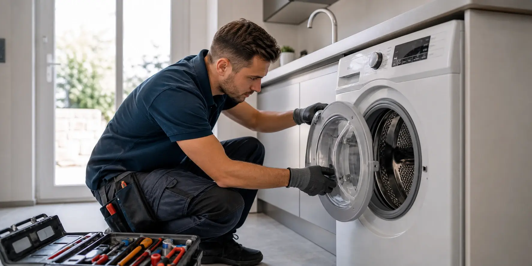 Photo d'un réparateur d’électroménager en intervention chez un particulier